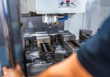 Rear view close-up of an unrecognizable man working with milling machine in cnc factory