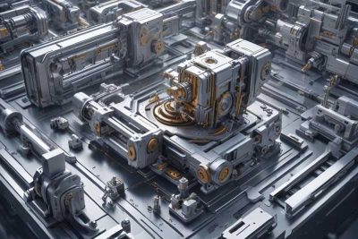 image of a metallic piece of machinery with lots of parts and gears depicting machines of the future
