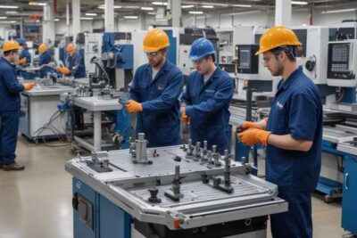 group of workers in blue uniforms and hardhats working with precision machining equipment in an industrial setting